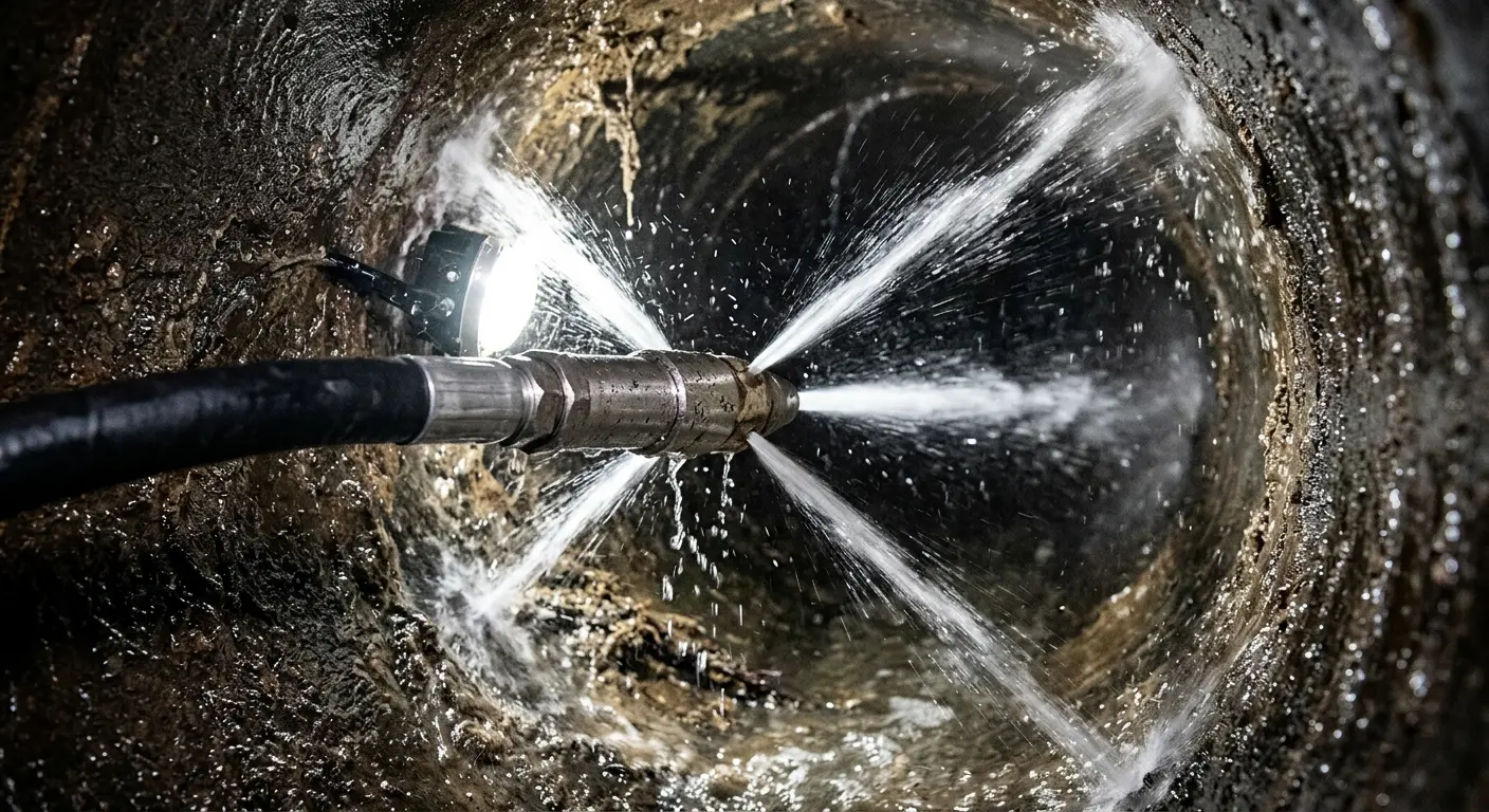 High-pressure hydro jetting nozzle cleaning sewer pipe for Sewer Cleanout in Edgewater