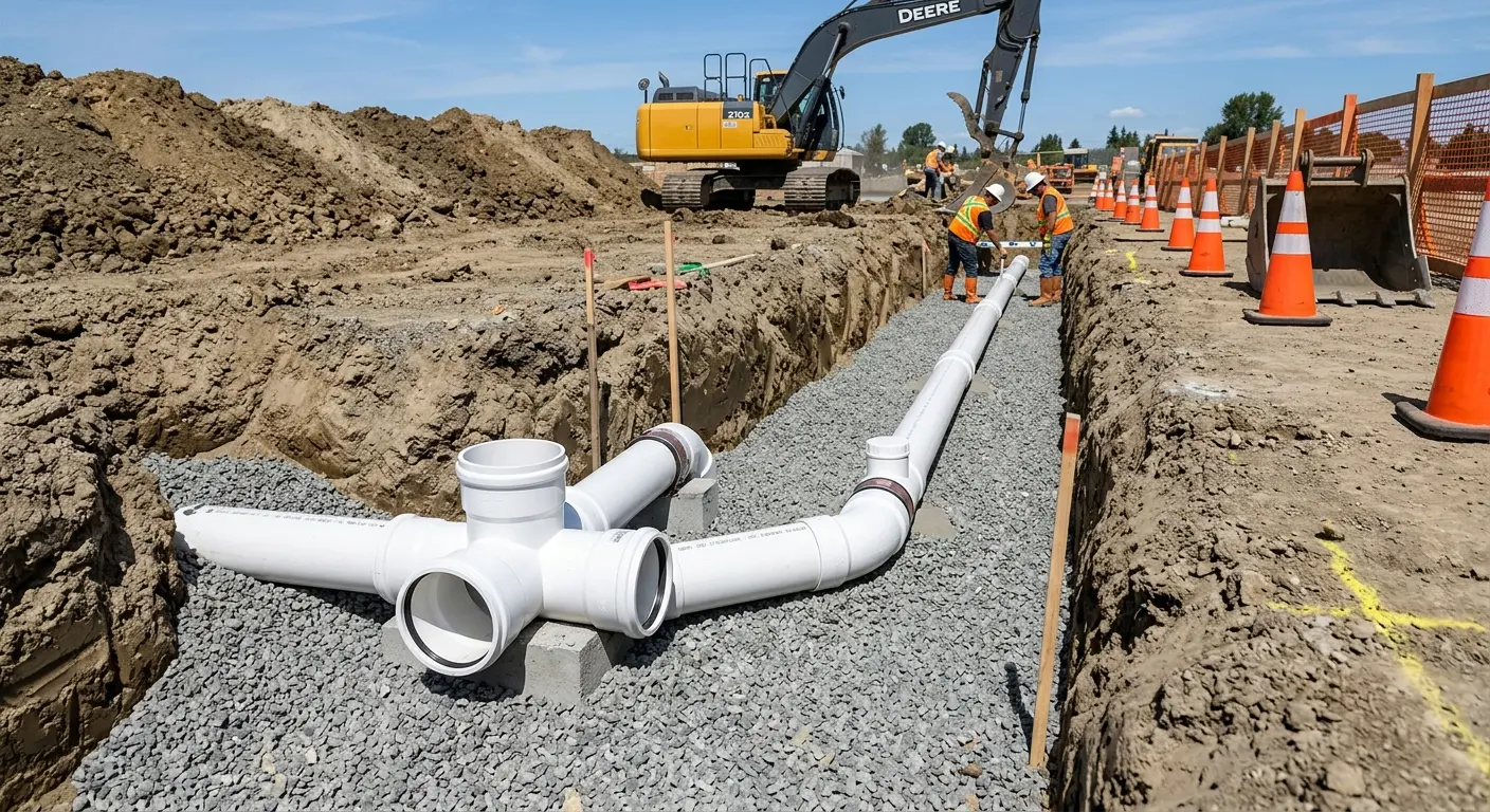New PVC sewer pipe installation in open trench for Sewer Backup in Edgewater