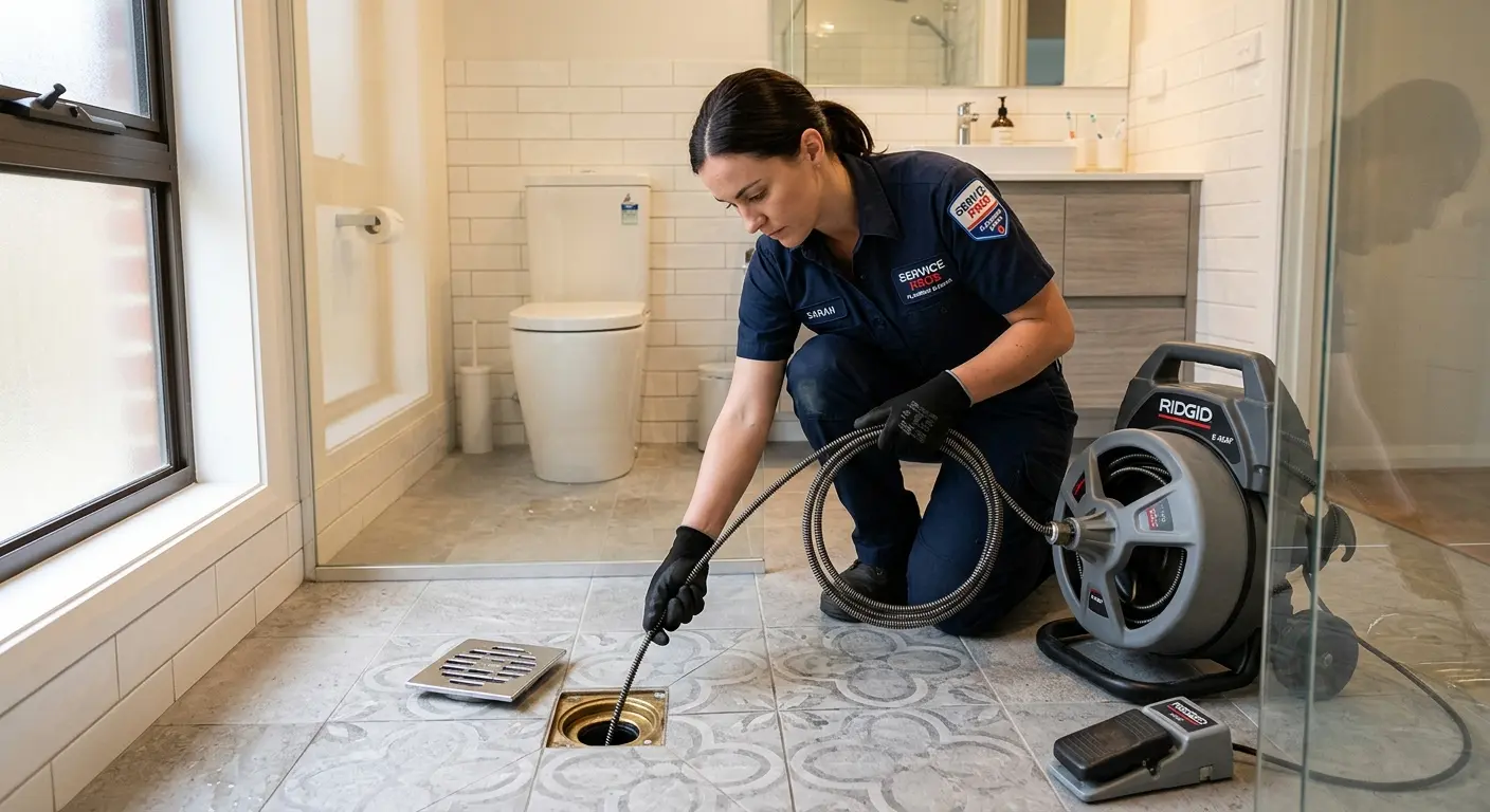 Technician clearing a bathroom floor drain for Hydro Jetting in Edgewater